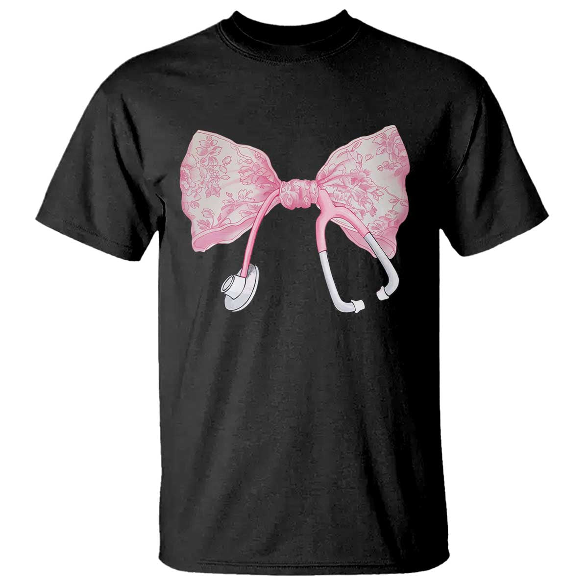 Pink Coquette Nurse T Shirt Toile de Jouy Stethoscope Bow - Wonder Print Shop