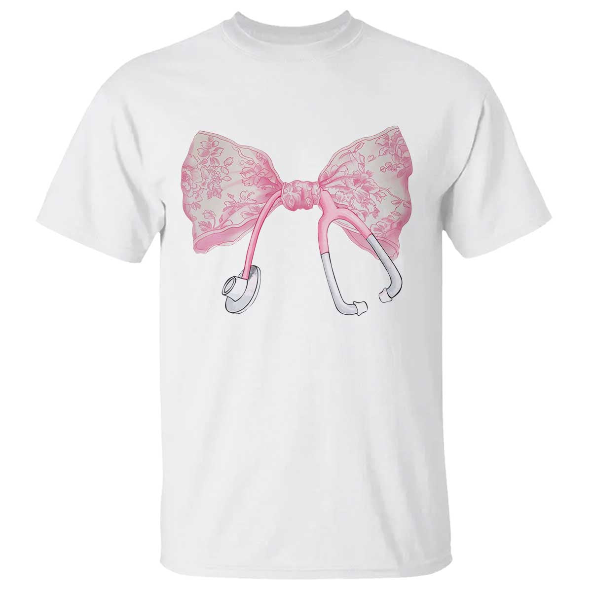 Pink Coquette Nurse T Shirt Toile de Jouy Stethoscope Bow - Wonder Print Shop