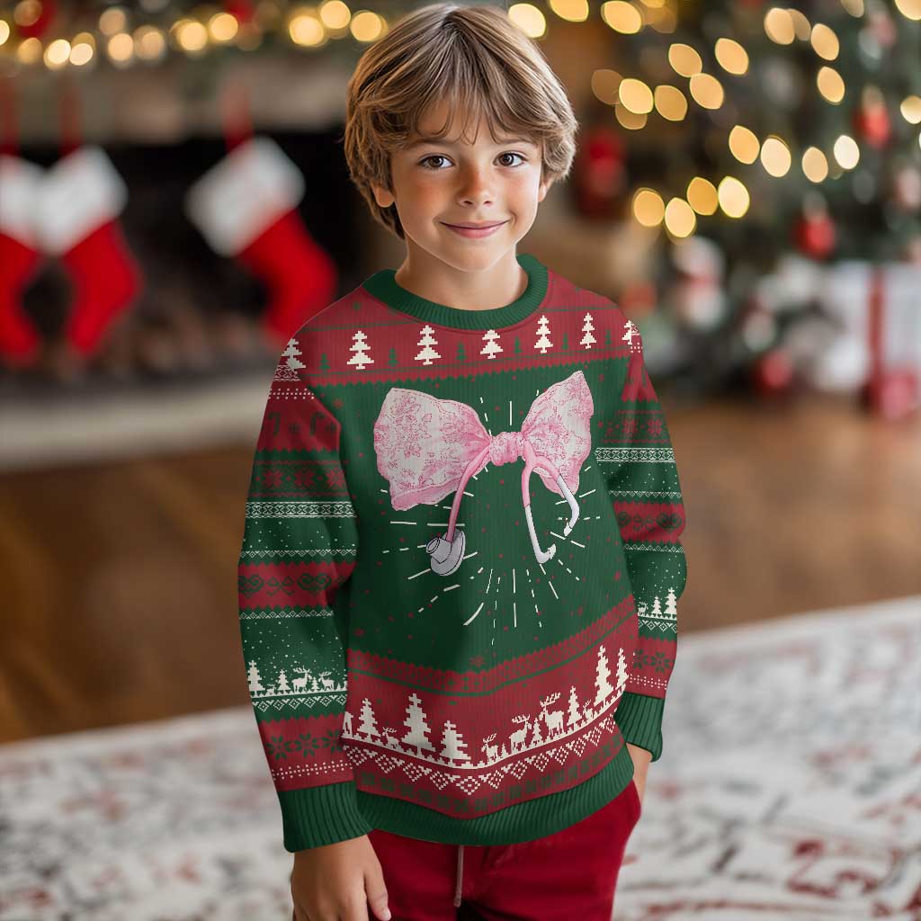 Pink Coquette Nurse Ugly Christmas Sweater Toile de Jouy Stethoscope Bow - Wonder Print Shop