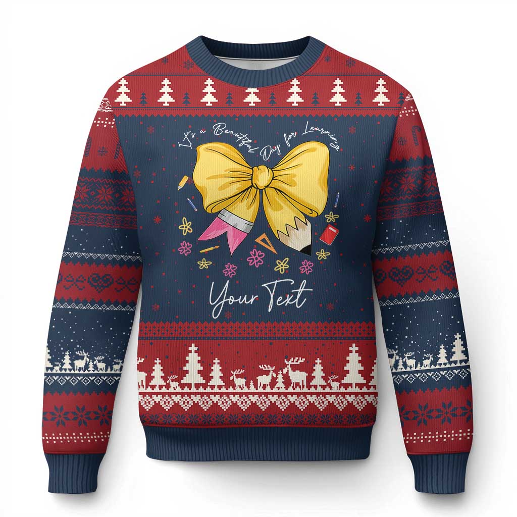 Personalized Teacher Coquette Bow Ugly Christmas Sweater Custom Name Cute Teacher Appreciation Gift - Wonder Print Shop