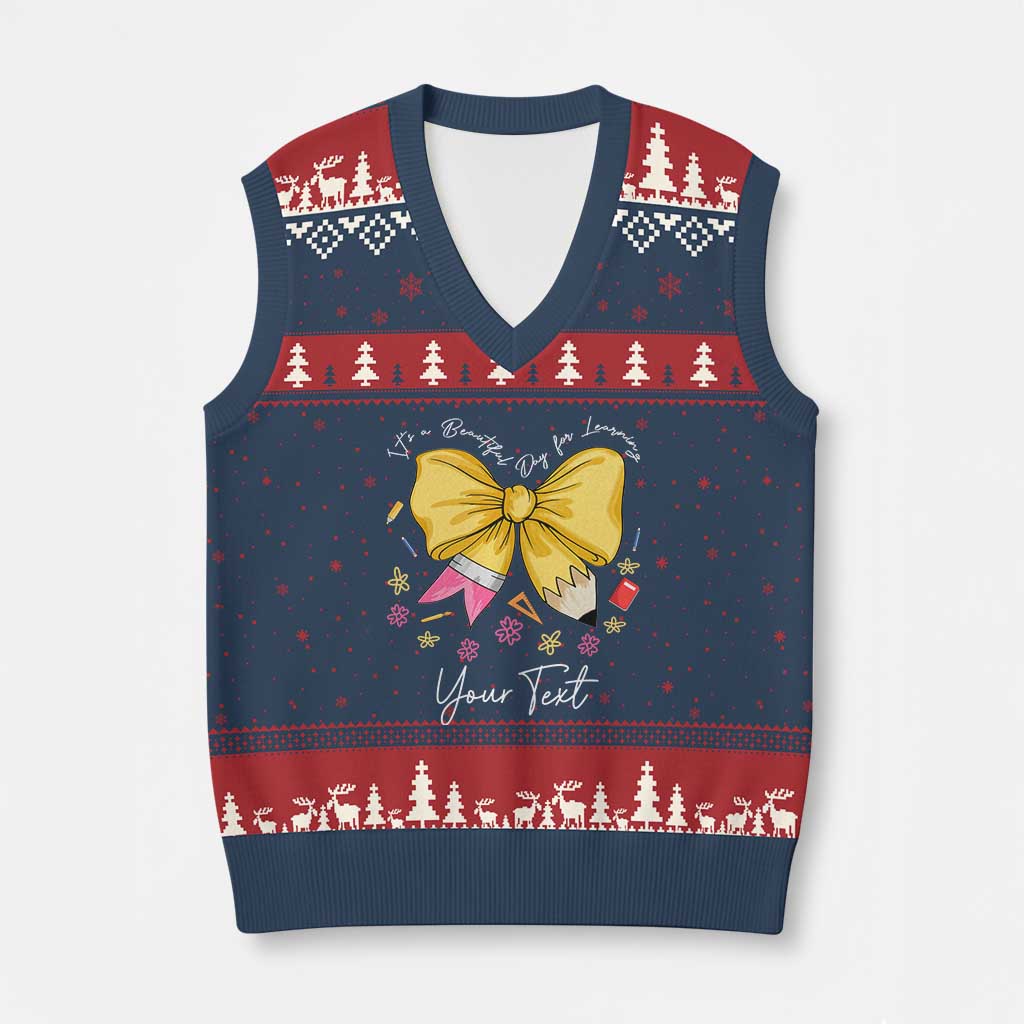 Personalized Teacher Coquette Bow V-Neck Knit Sweater Vest Custom Name Cute Teacher Appreciation Gift - Wonder Print Shop