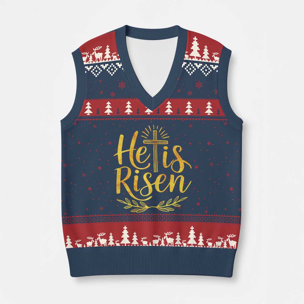 He Is Risen V-Neck Knit Sweater Vest Jesus Easter Religious Christians - Wonder Print Shop