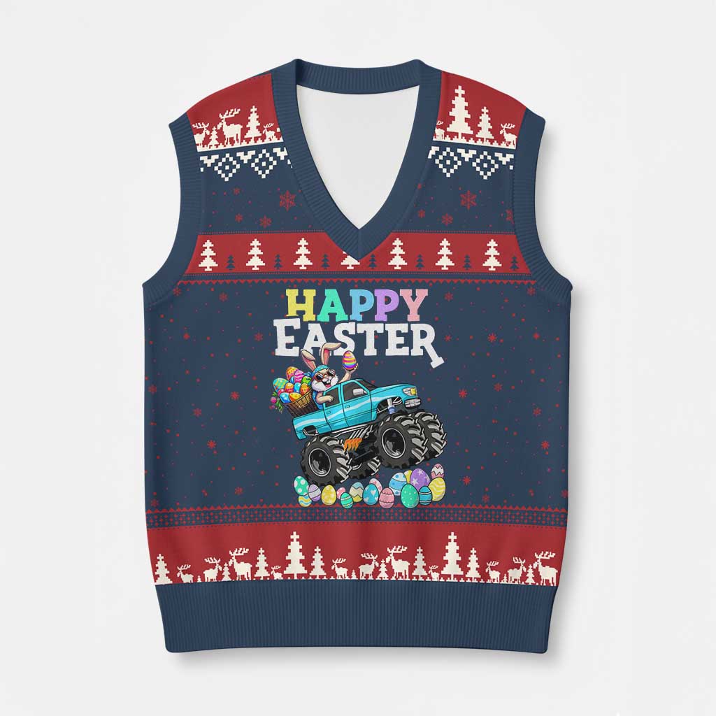 Boys Happy Easter Bunny Monster Truck V-Neck Knit Sweater Vest Eggs Cool Rabbit Car Lovers Toddler - Wonder Print Shop