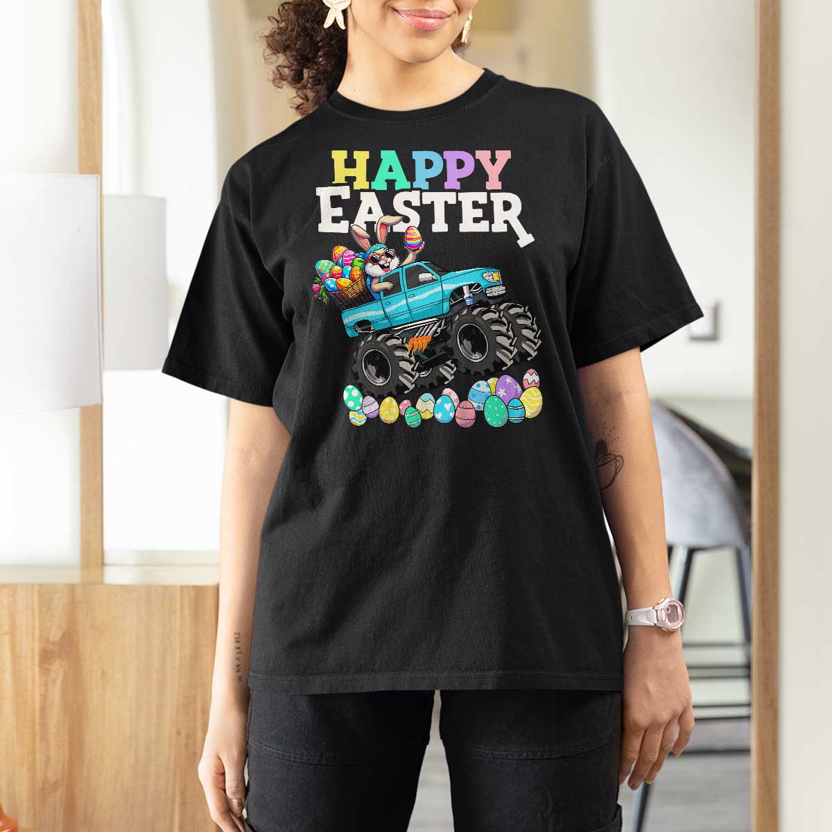 Boys Happy Easter Bunny Monster Truck T Shirt For Women Eggs Cool Rabbit Car Lovers Toddler - Wonder Print Shop