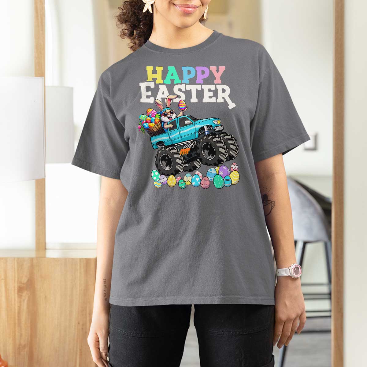Boys Happy Easter Bunny Monster Truck T Shirt For Women Eggs Cool Rabbit Car Lovers Toddler - Wonder Print Shop