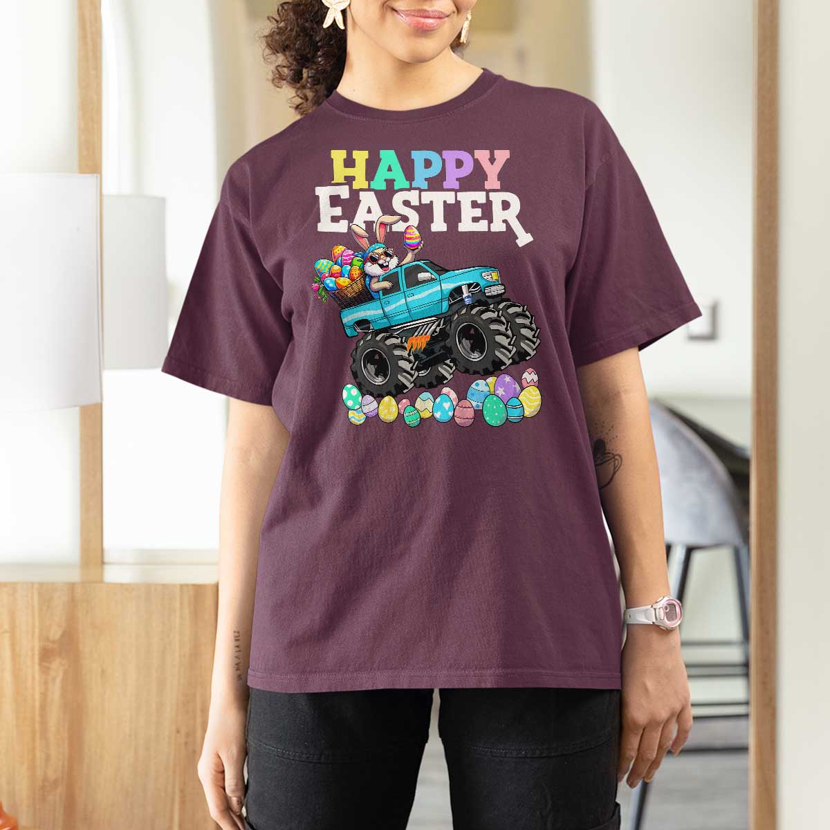 Boys Happy Easter Bunny Monster Truck T Shirt For Women Eggs Cool Rabbit Car Lovers Toddler - Wonder Print Shop