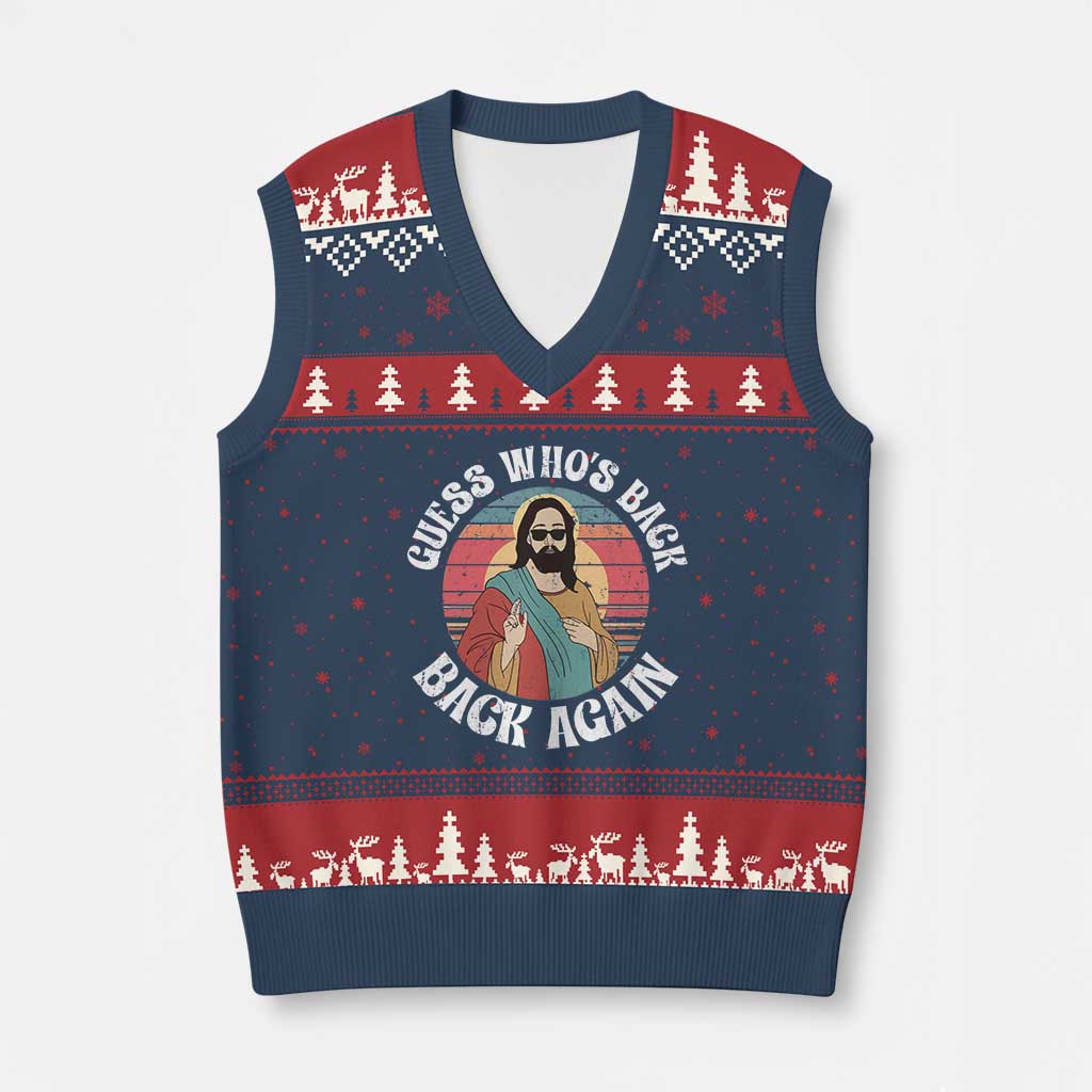 Funny Easter Jesus V-Neck Knit Sweater Vest Retro Vintage Guess Whos Back Again - Wonder Print Shop