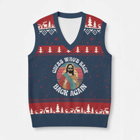 Funny Easter Jesus V-Neck Knit Sweater Vest Retro Vintage Guess Whos Back Again - Wonder Print Shop