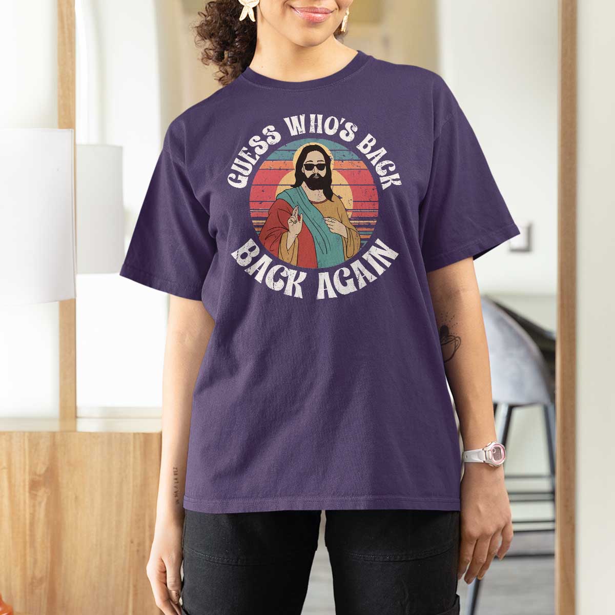 Funny Easter Jesus T Shirt For Women Retro Vintage Guess Whos Back Again - Wonder Print Shop