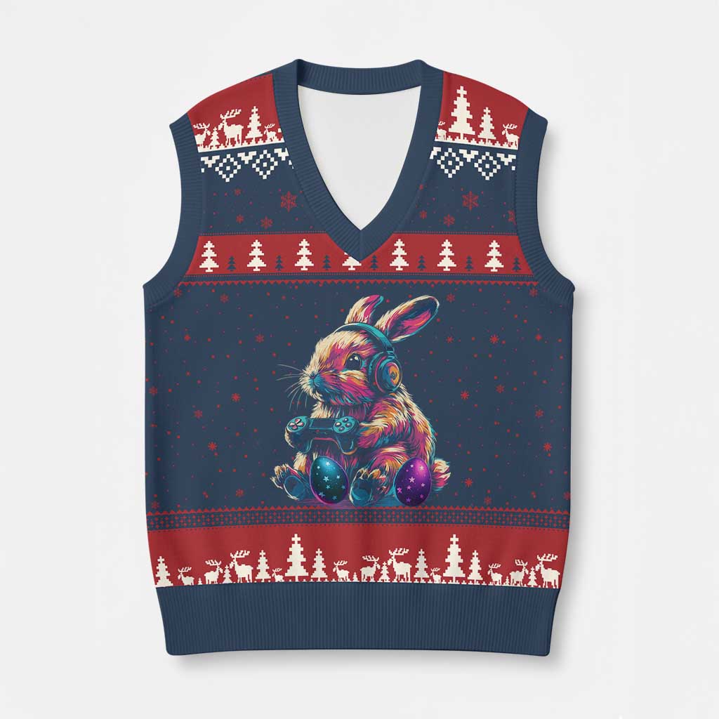Gamer Rabbit V-Neck Knit Sweater Vest Cute Bunny Gaming Eggs Funny Video Games Easter - Wonder Print Shop
