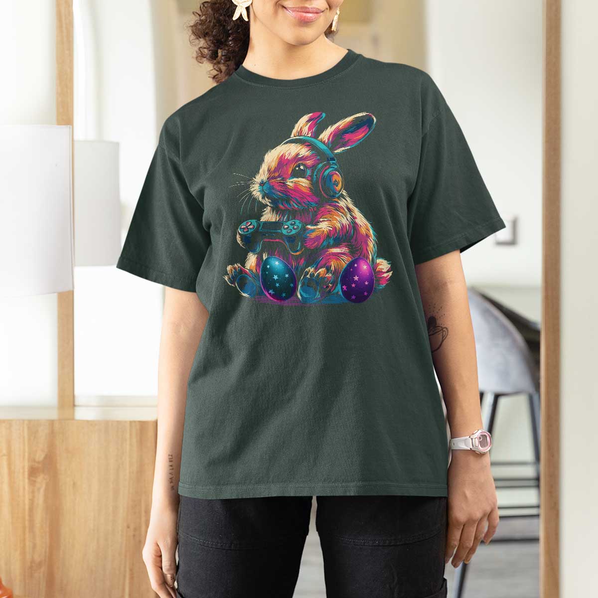 Gamer Rabbit T Shirt For Women Cute Bunny Gaming Eggs Funny Video Games Easter - Wonder Print Shop