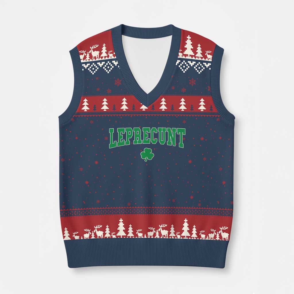 Leprecunt Shamrock V-Neck Knit Sweater Vest St Patricks Day Funny Irish Adult Humor