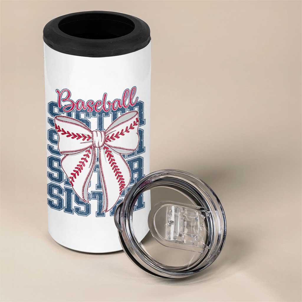 Baseball Sister 4 in 1 Can Cooler Tumbler Coquette Bow Biggest Fan Sport Lovers Girl