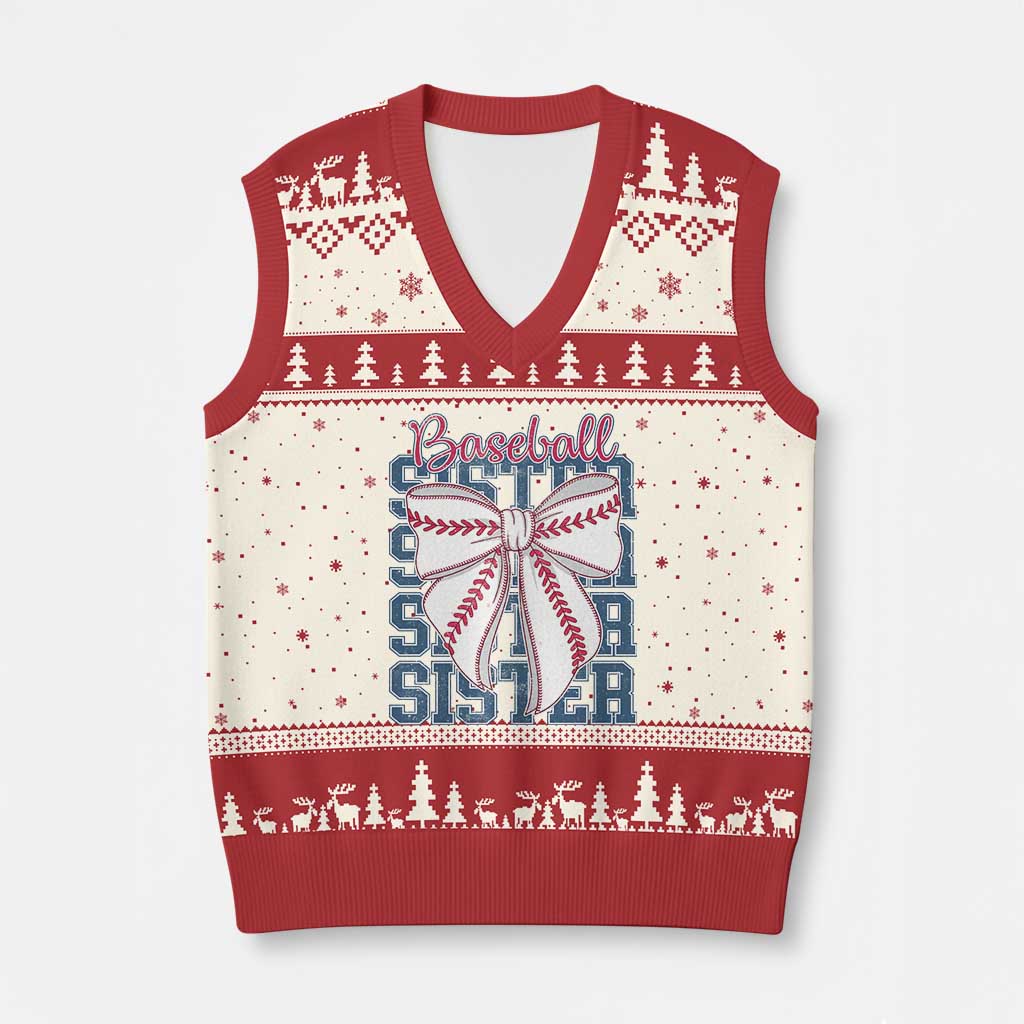 Baseball Sister V-Neck Knit Sweater Vest Coquette Bow Biggest Fan Sport Lovers Girl