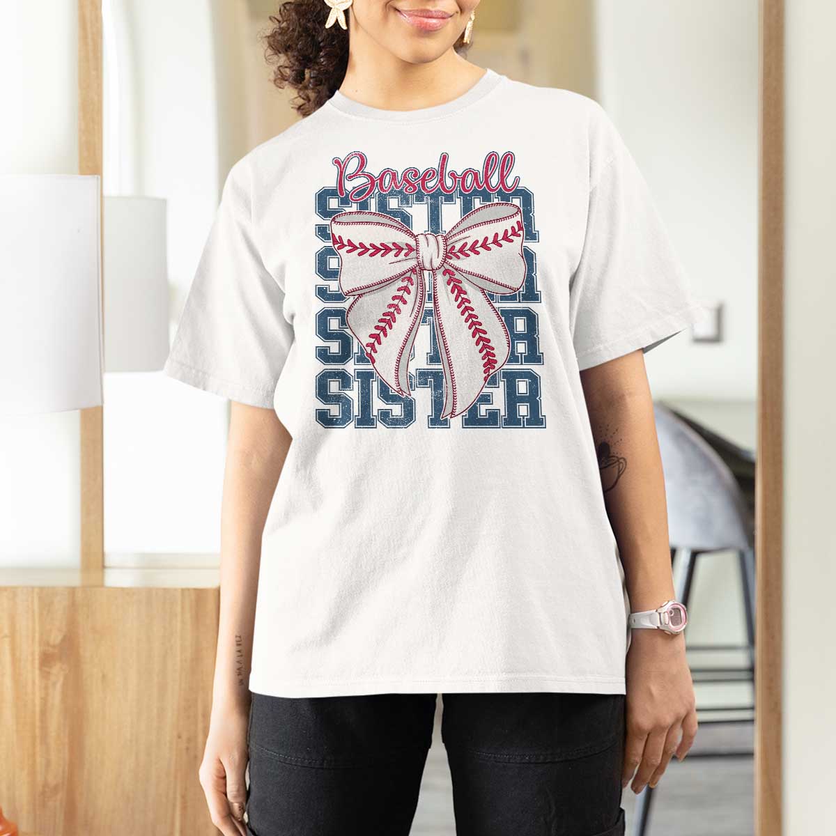 Baseball Sister T Shirt For Women Coquette Bow Biggest Fan Sport Lovers Girl