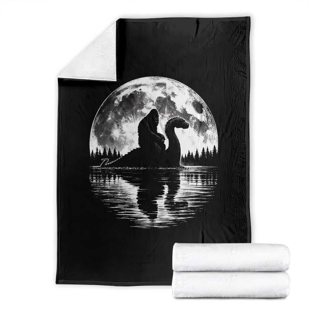 Funny Bigfoot Loch Ness Monster Throw Blanket Retro Sasquatch Nessie Funny Cryptid Moon