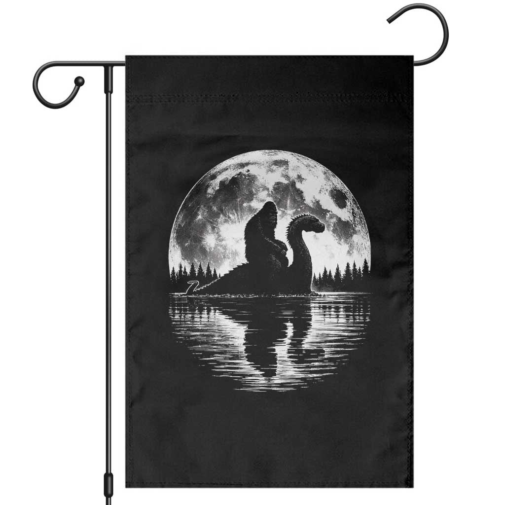 Funny Bigfoot Loch Ness Monster Garden Flag Retro Sasquatch Nessie Funny Cryptid Moon