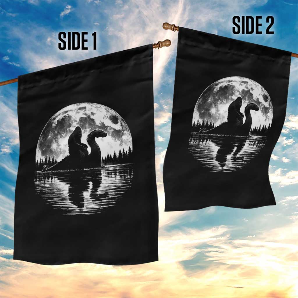 Funny Bigfoot Loch Ness Monster Garden Flag Retro Sasquatch Nessie Funny Cryptid Moon
