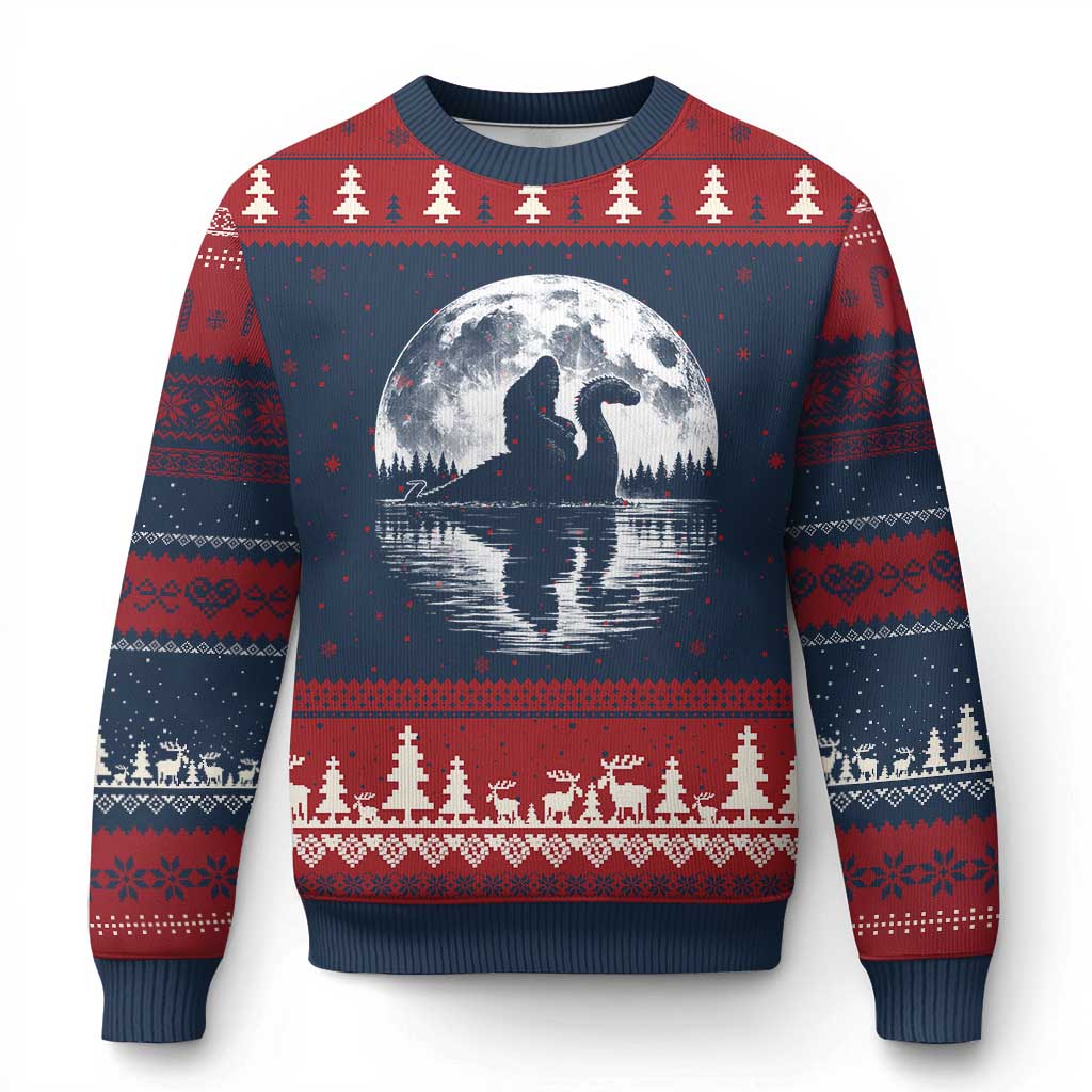 Funny Bigfoot Loch Ness Monster Ugly Christmas Sweater Retro Sasquatch Nessie Funny Cryptid Moon