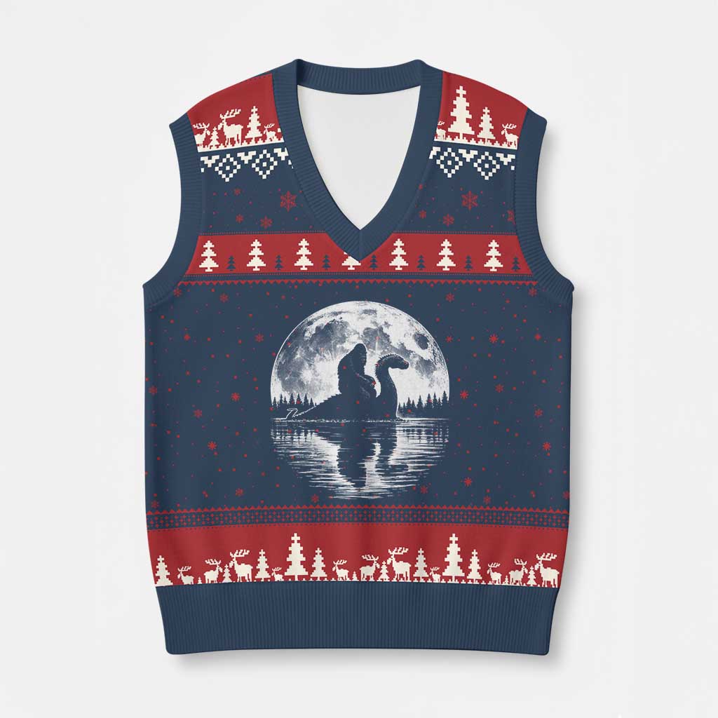 Funny Bigfoot Loch Ness Monster V-Neck Knit Sweater Vest Retro Sasquatch Nessie Funny Cryptid Moon