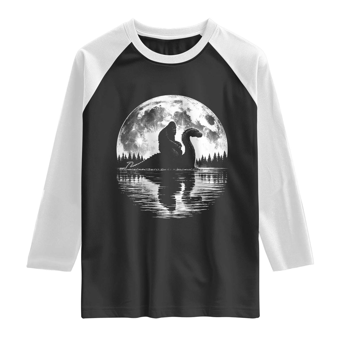 Funny Bigfoot Loch Ness Monster Raglan Shirt Retro Sasquatch Nessie Funny Cryptid Moon