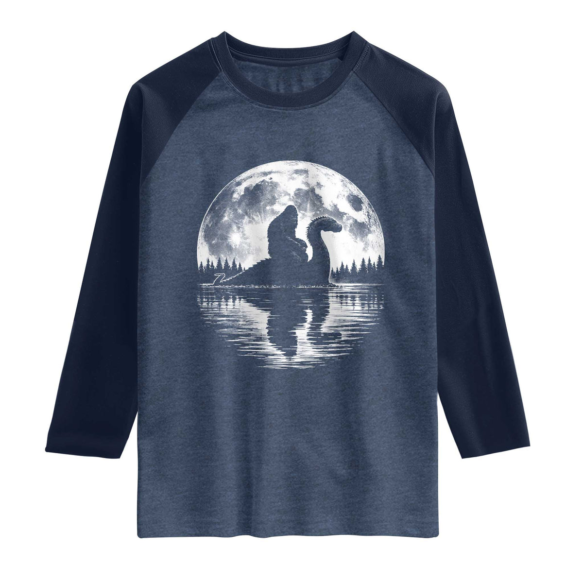 Funny Bigfoot Loch Ness Monster Raglan Shirt Retro Sasquatch Nessie Funny Cryptid Moon