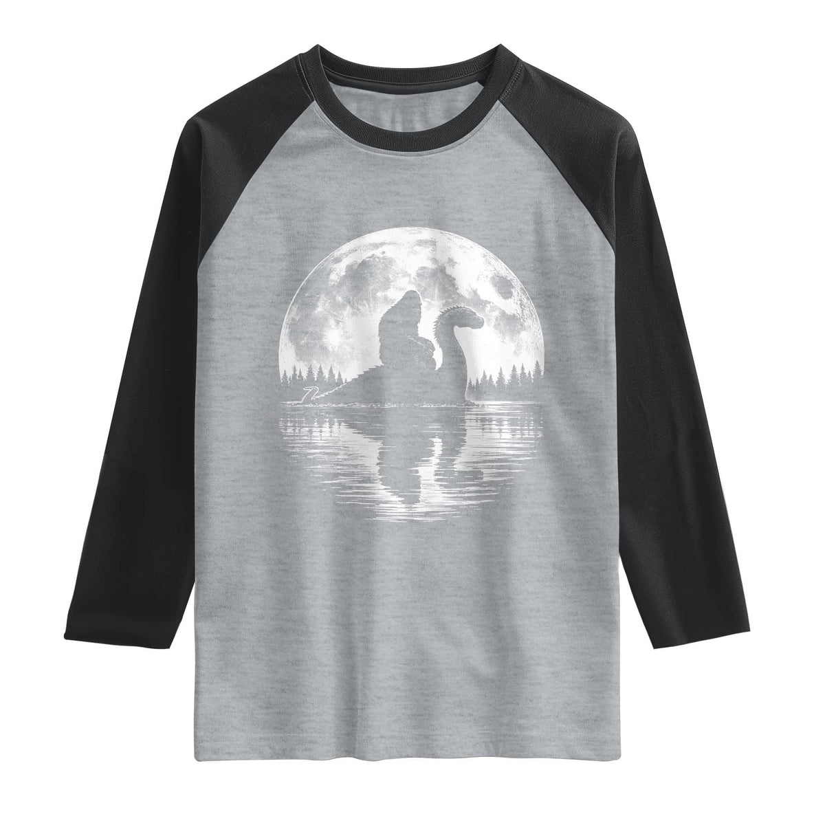 Funny Bigfoot Loch Ness Monster Raglan Shirt Retro Sasquatch Nessie Funny Cryptid Moon
