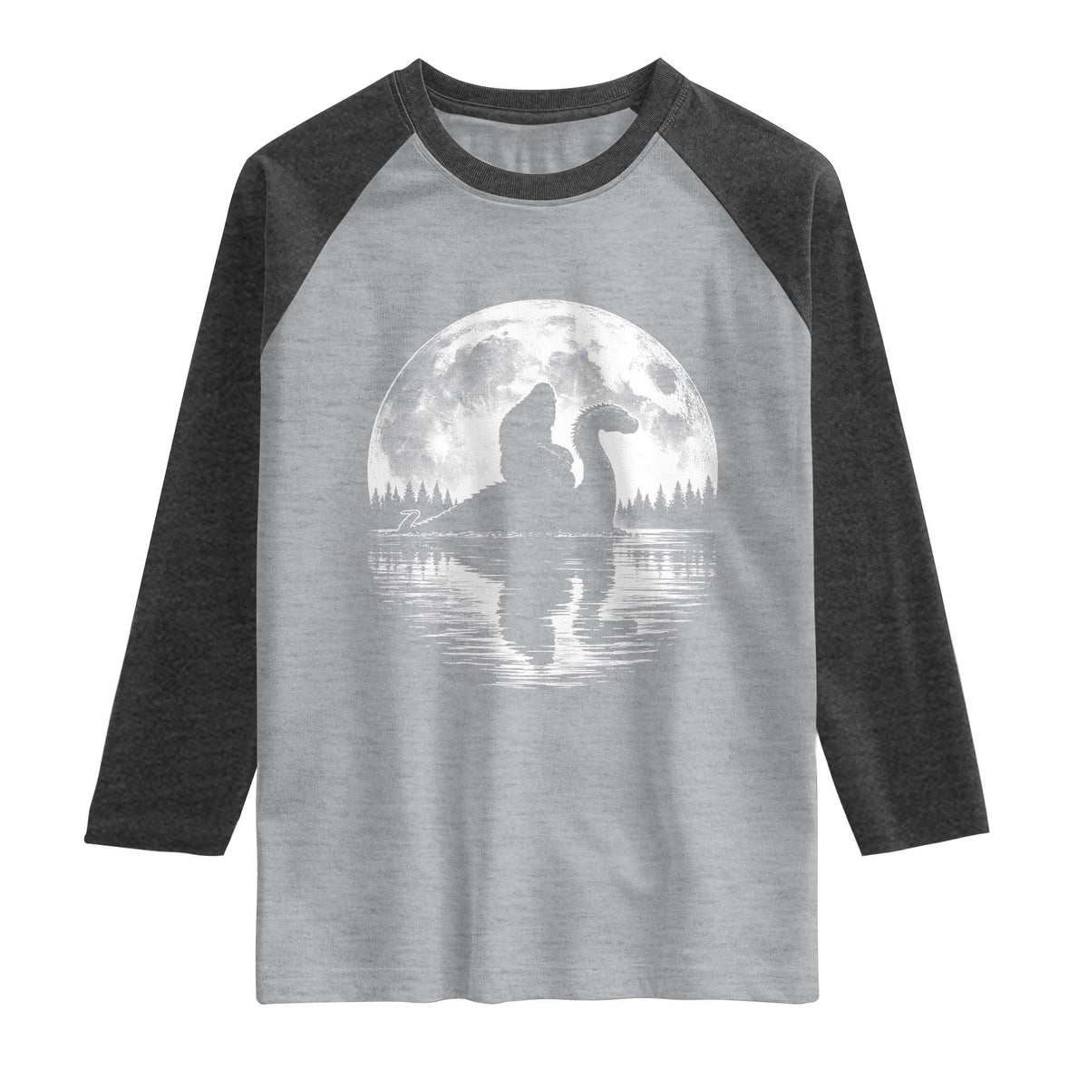 Funny Bigfoot Loch Ness Monster Raglan Shirt Retro Sasquatch Nessie Funny Cryptid Moon
