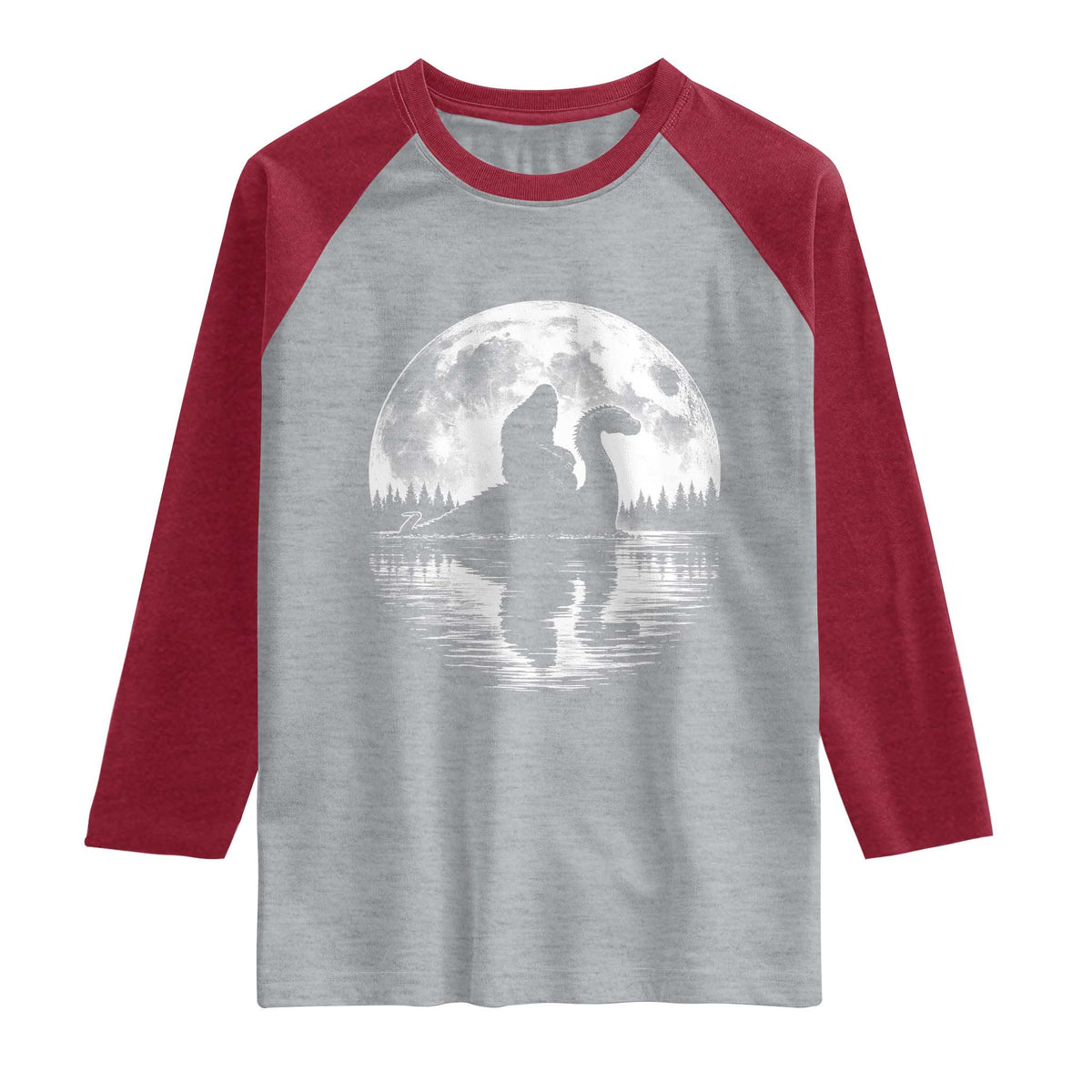 Funny Bigfoot Loch Ness Monster Raglan Shirt Retro Sasquatch Nessie Funny Cryptid Moon