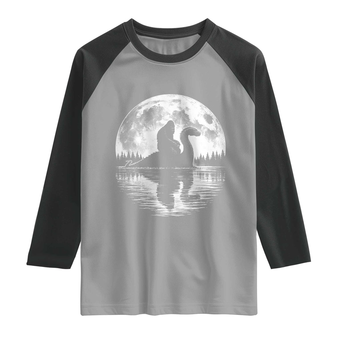 Funny Bigfoot Loch Ness Monster Raglan Shirt Retro Sasquatch Nessie Funny Cryptid Moon