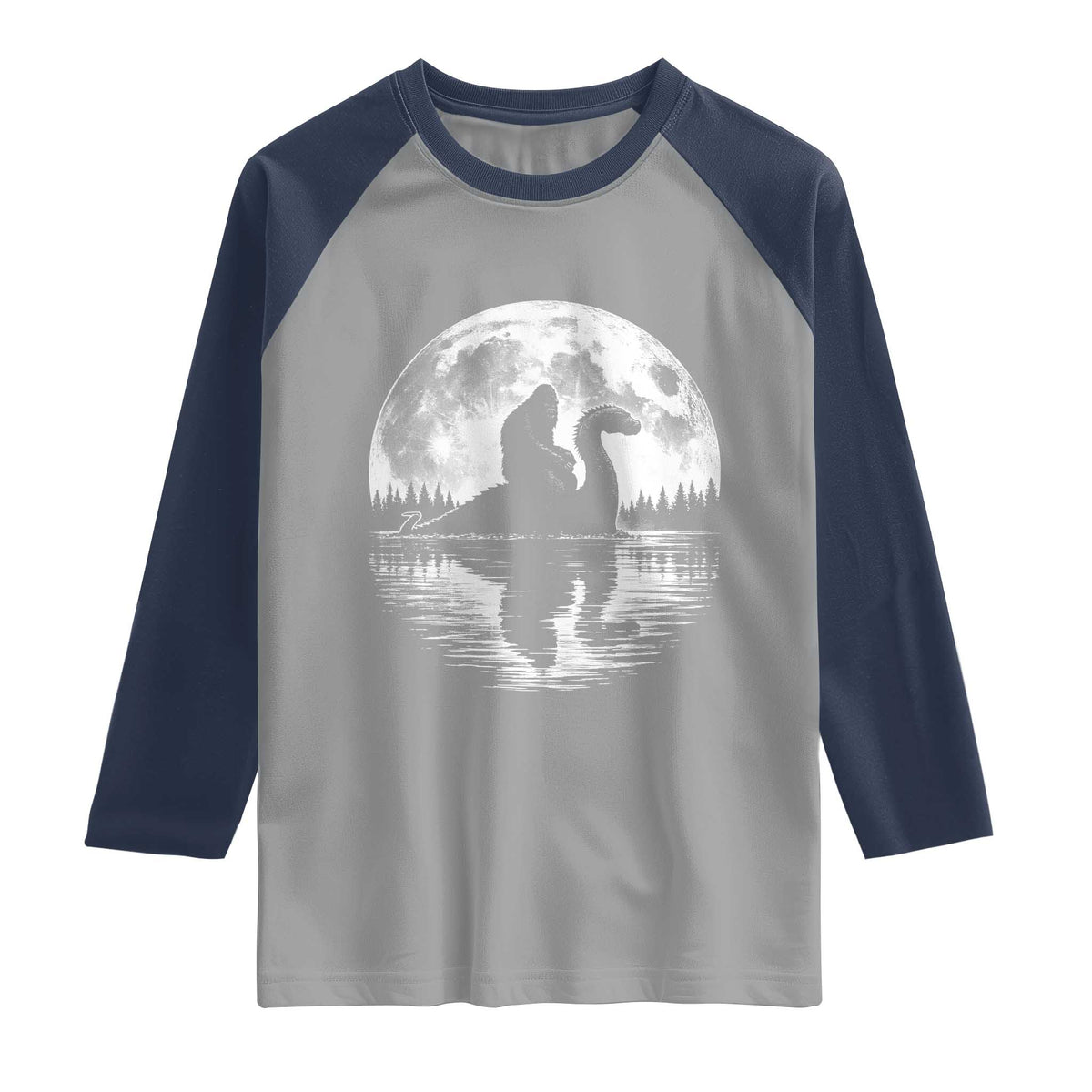 Funny Bigfoot Loch Ness Monster Raglan Shirt Retro Sasquatch Nessie Funny Cryptid Moon