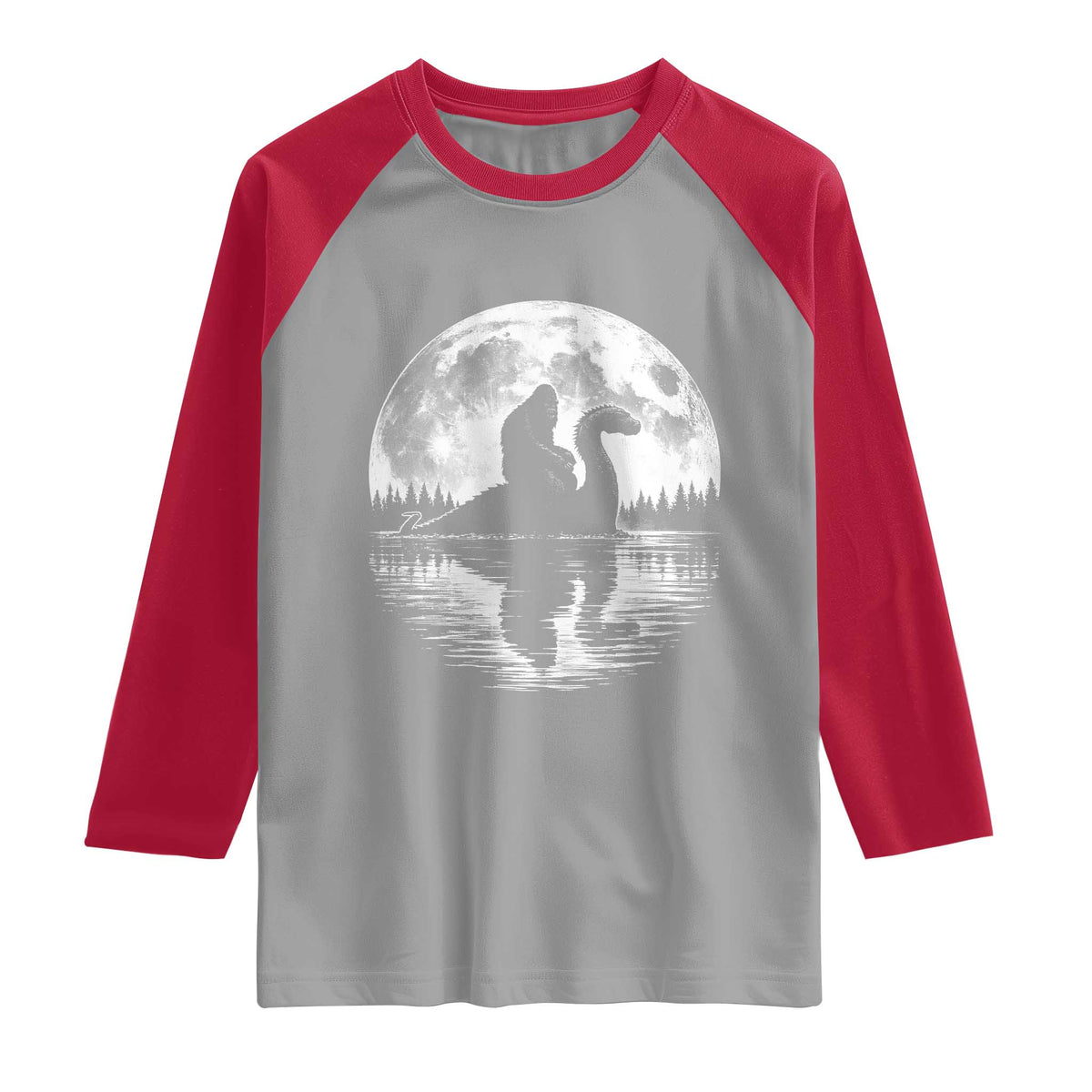 Funny Bigfoot Loch Ness Monster Raglan Shirt Retro Sasquatch Nessie Funny Cryptid Moon