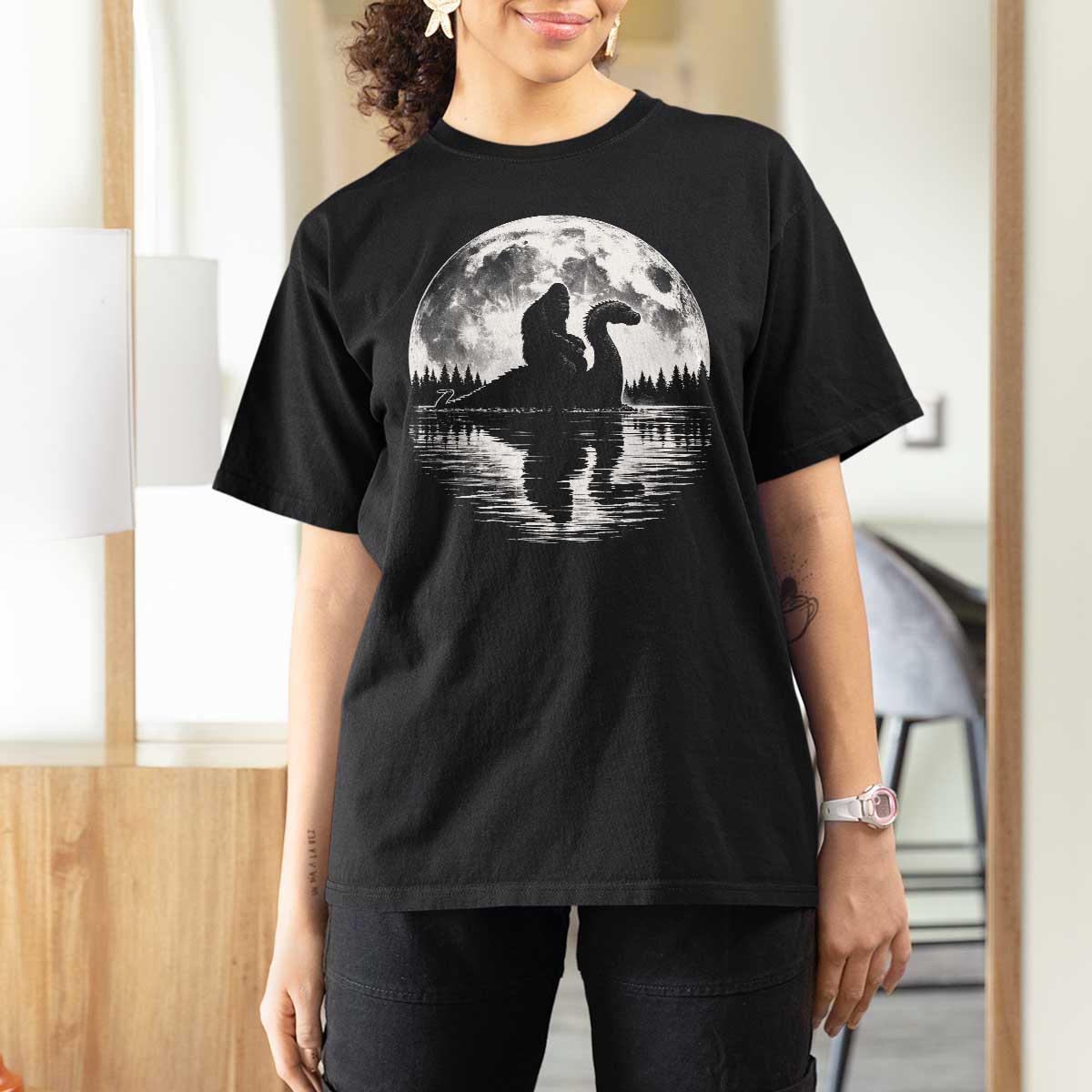 Funny Bigfoot Loch Ness Monster T Shirt For Women Retro Sasquatch Nessie Funny Cryptid Moon