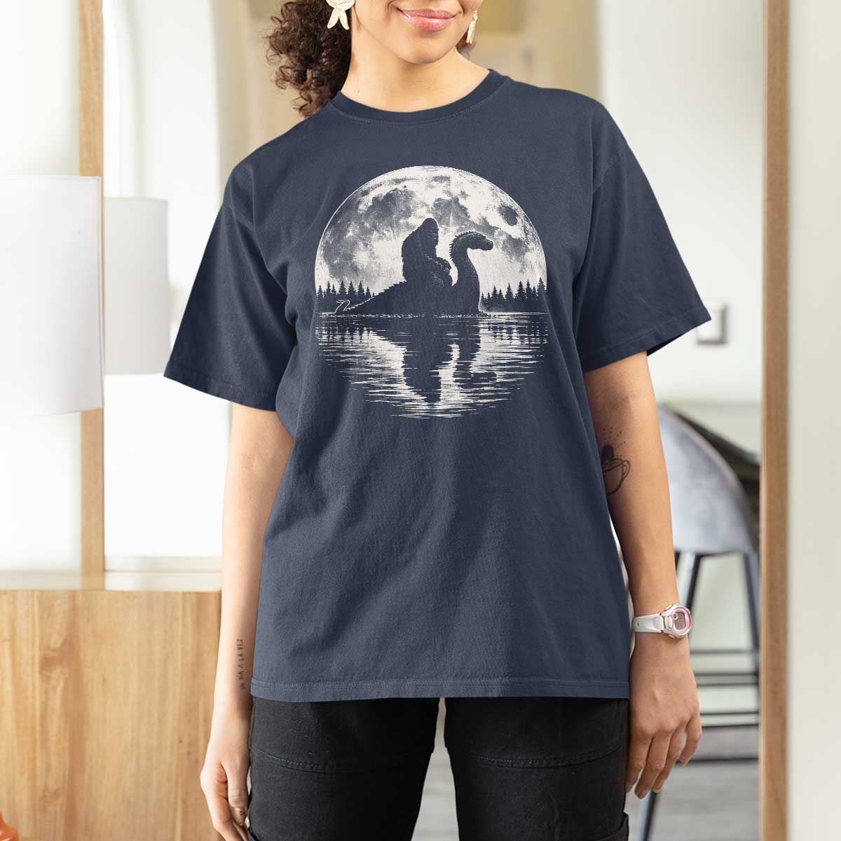 Funny Bigfoot Loch Ness Monster T Shirt For Women Retro Sasquatch Nessie Funny Cryptid Moon
