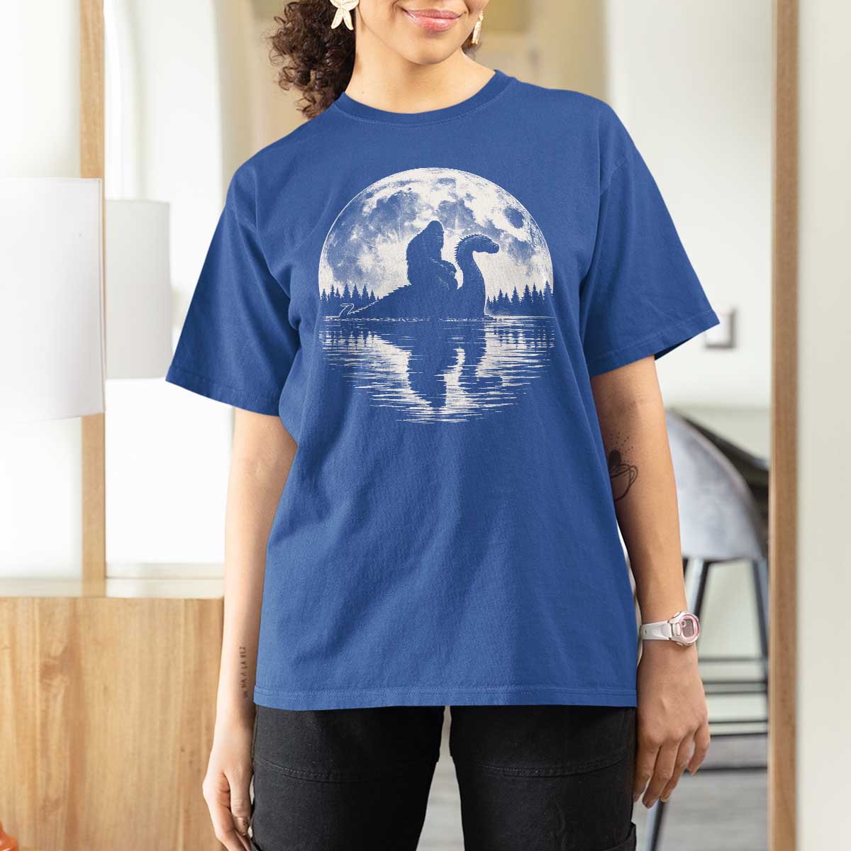 Funny Bigfoot Loch Ness Monster T Shirt For Women Retro Sasquatch Nessie Funny Cryptid Moon