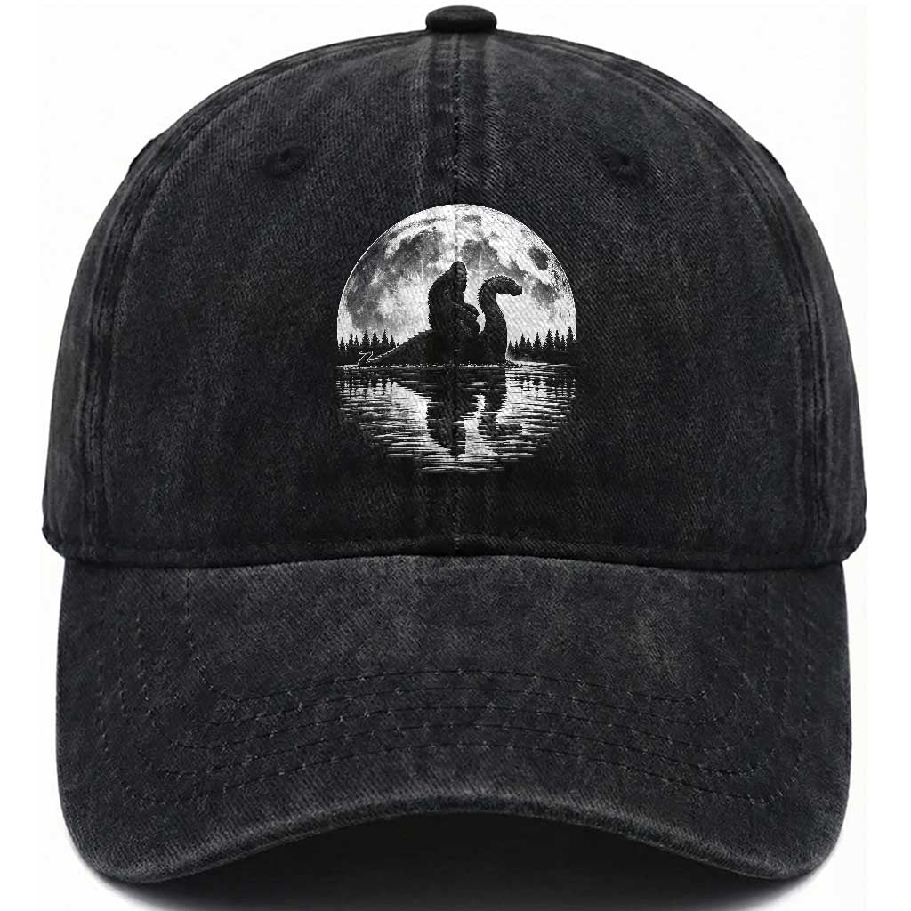 Funny Bigfoot Loch Ness Monster Washed Cotton Baseball Cap Retro Sasquatch Nessie Funny Cryptid Moon