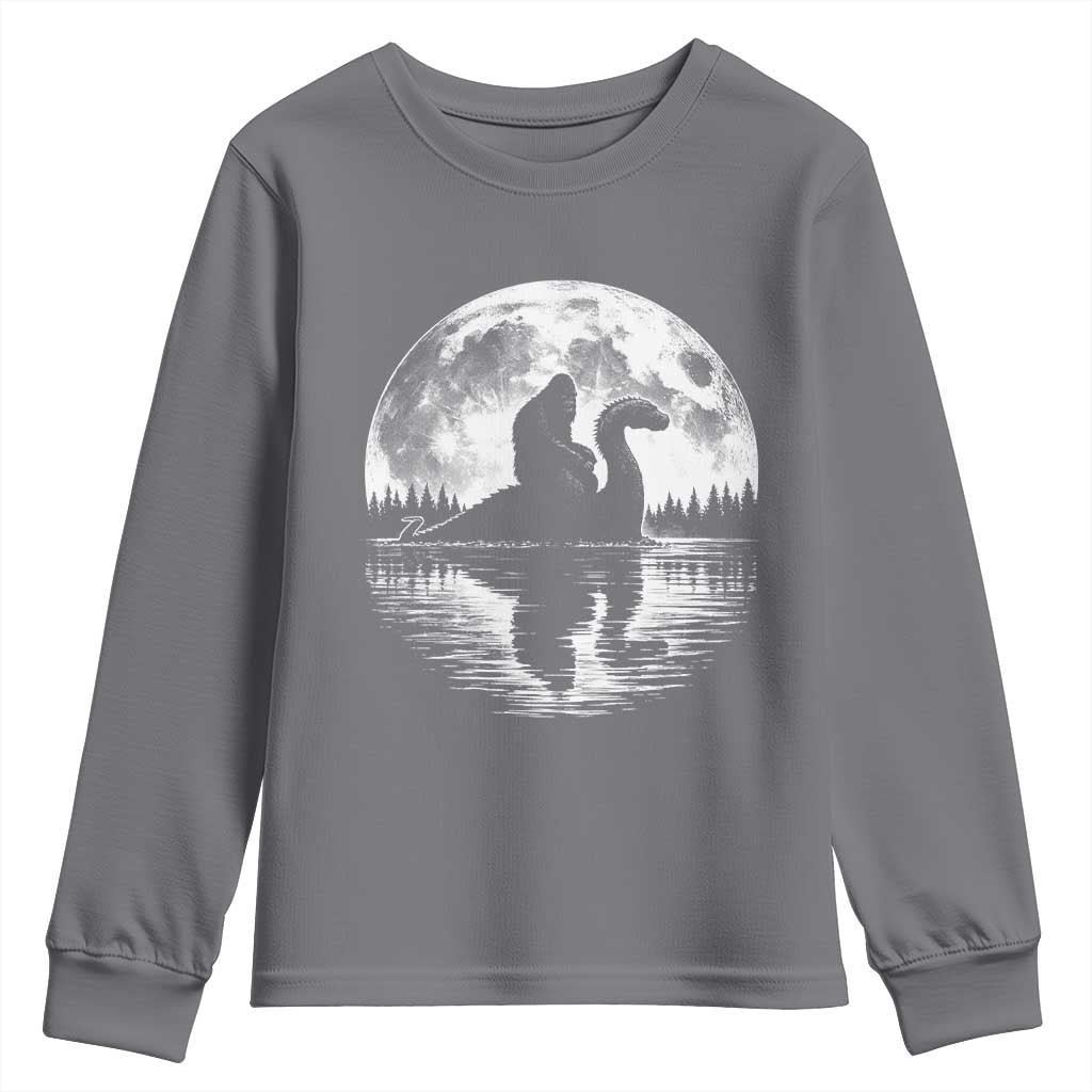 Funny Bigfoot Loch Ness Monster Youth Sweatshirt Retro Sasquatch Nessie Funny Cryptid Moon
