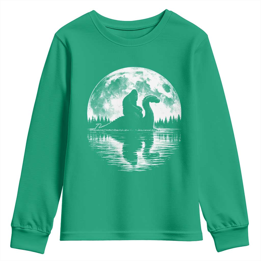 Funny Bigfoot Loch Ness Monster Youth Sweatshirt Retro Sasquatch Nessie Funny Cryptid Moon
