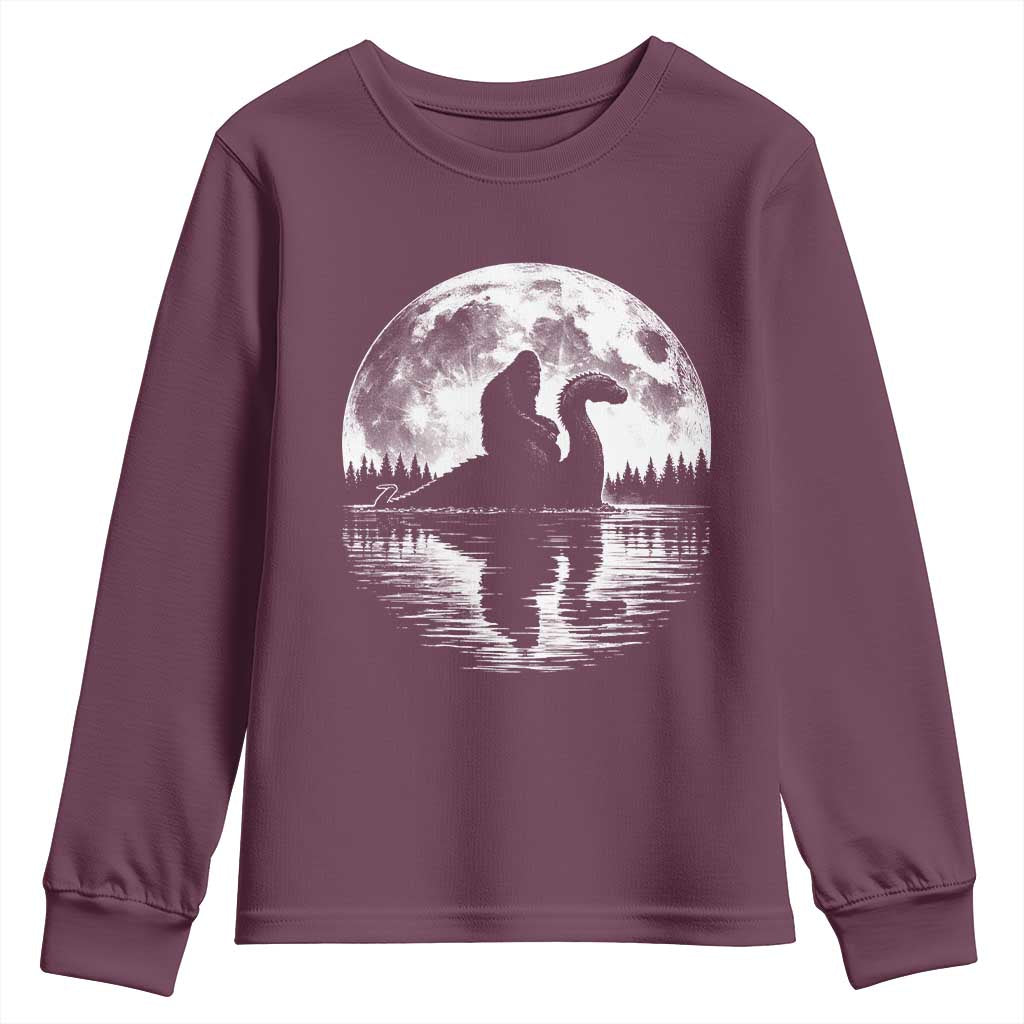 Funny Bigfoot Loch Ness Monster Youth Sweatshirt Retro Sasquatch Nessie Funny Cryptid Moon