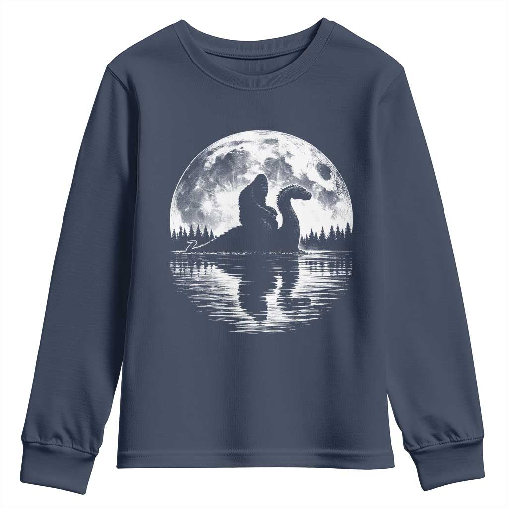 Funny Bigfoot Loch Ness Monster Youth Sweatshirt Retro Sasquatch Nessie Funny Cryptid Moon