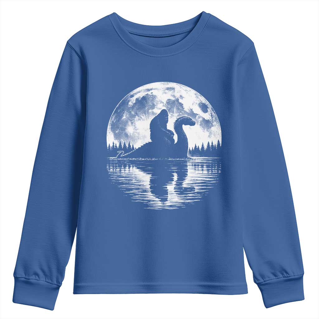 Funny Bigfoot Loch Ness Monster Youth Sweatshirt Retro Sasquatch Nessie Funny Cryptid Moon