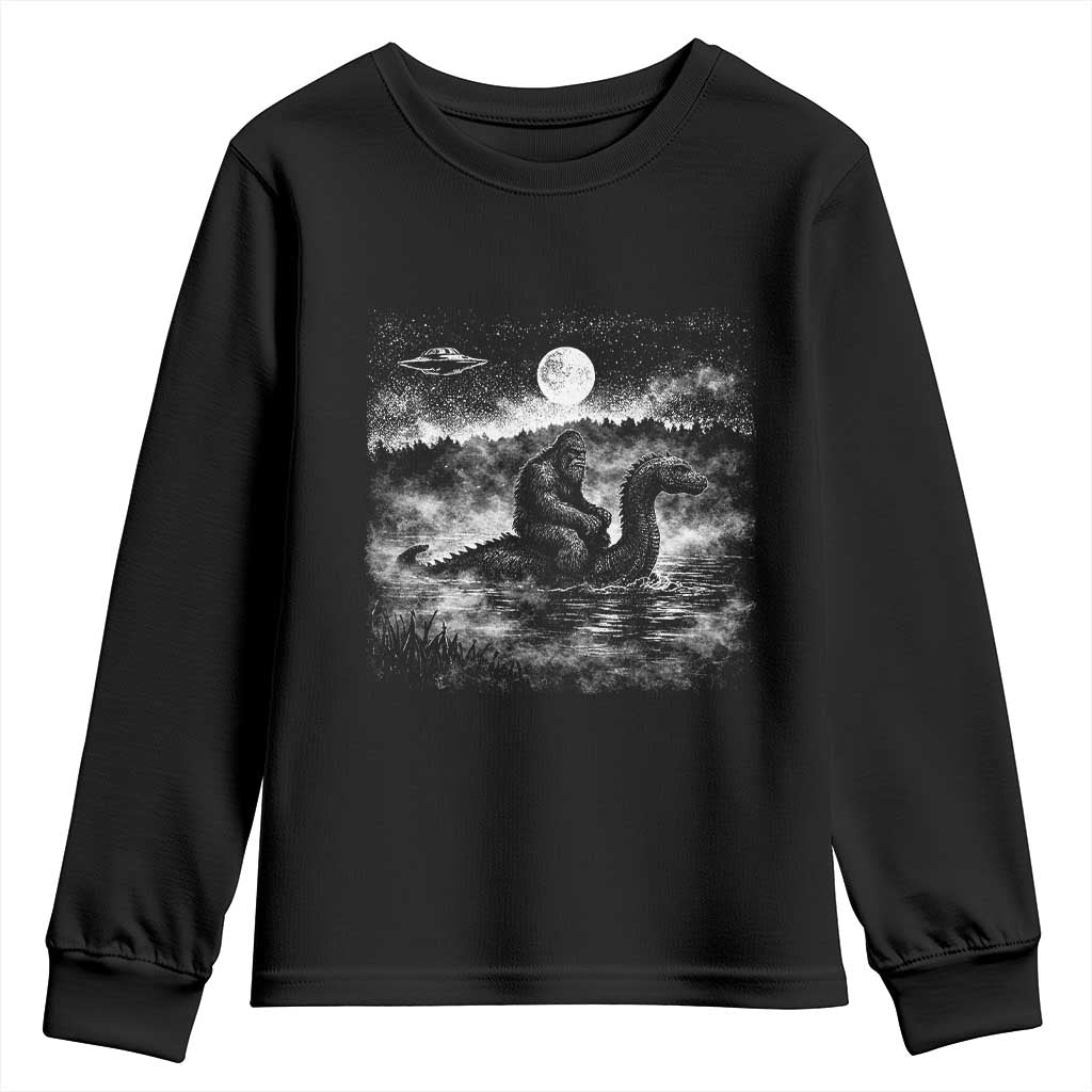 Bigfoot Loch Ness Monster Youth Sweatshirt Funny Retro Sasquatch Nessie Funny Cryptid Vintage Graphic