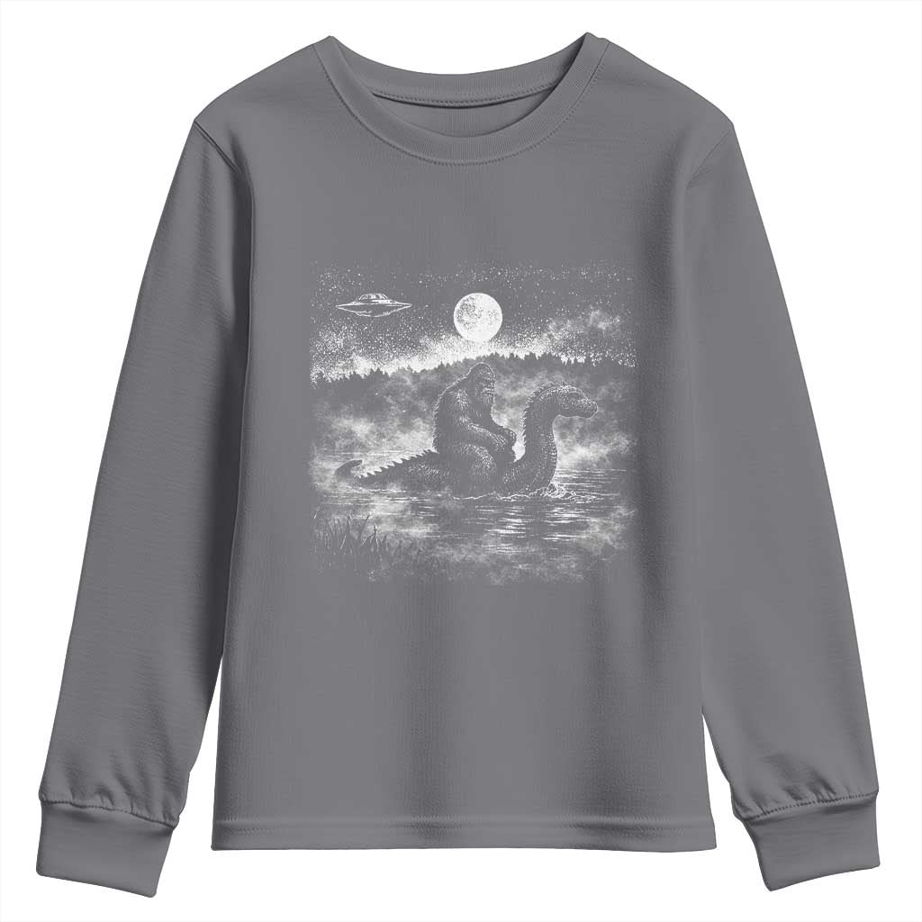 Bigfoot Loch Ness Monster Youth Sweatshirt Funny Retro Sasquatch Nessie Funny Cryptid Vintage Graphic