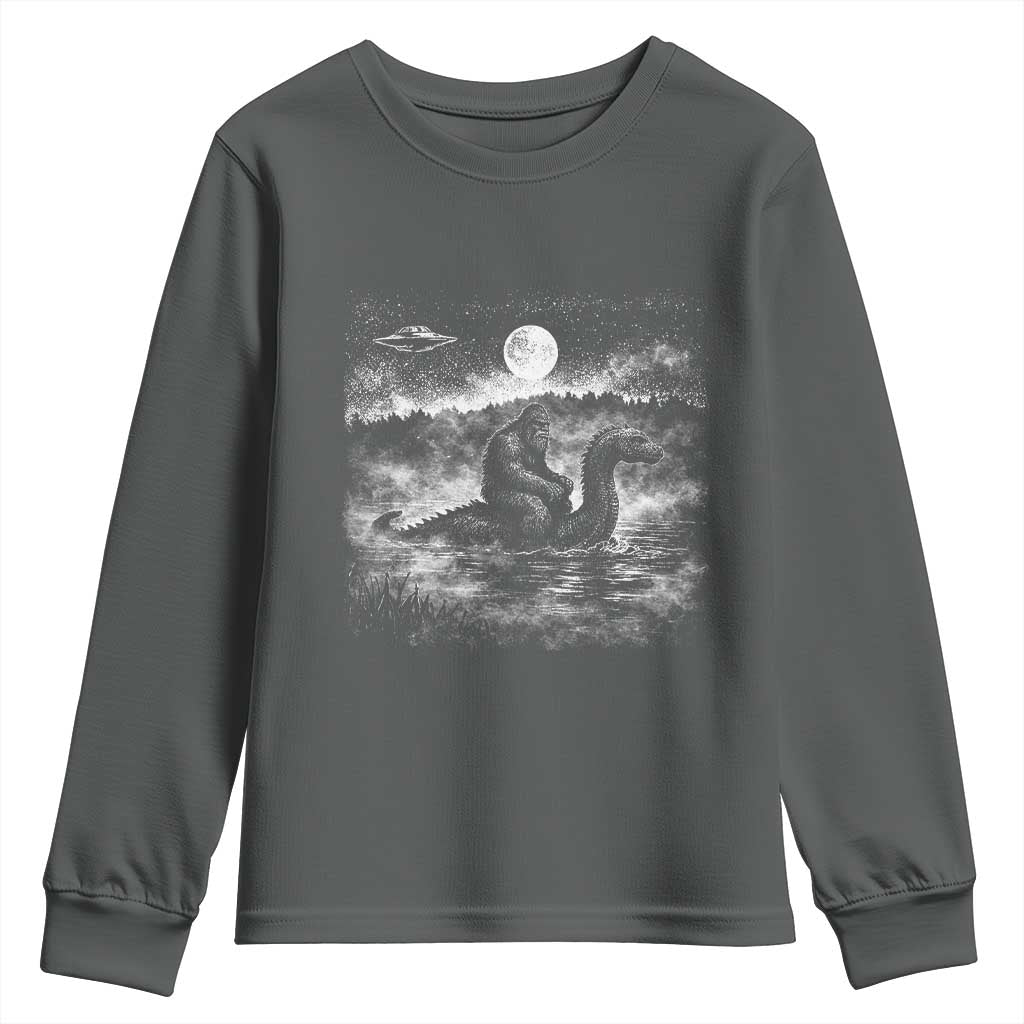 Bigfoot Loch Ness Monster Youth Sweatshirt Funny Retro Sasquatch Nessie Funny Cryptid Vintage Graphic