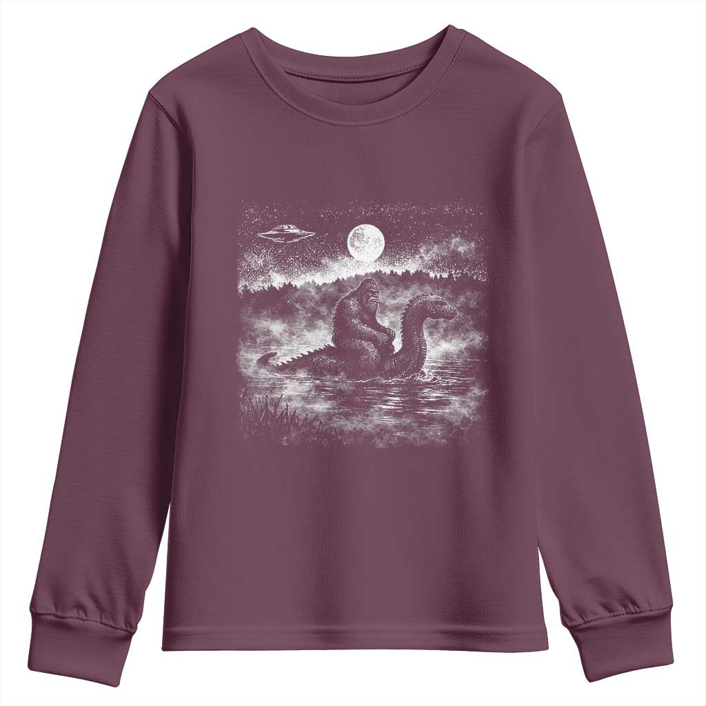 Bigfoot Loch Ness Monster Youth Sweatshirt Funny Retro Sasquatch Nessie Funny Cryptid Vintage Graphic