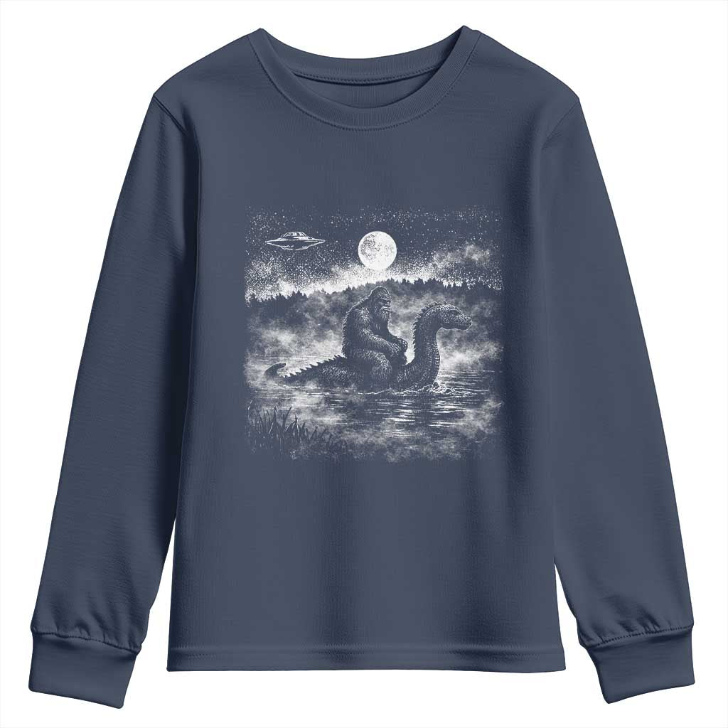 Bigfoot Loch Ness Monster Youth Sweatshirt Funny Retro Sasquatch Nessie Funny Cryptid Vintage Graphic