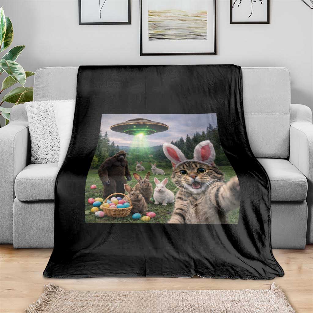 Funny Easter Day Throw Blanket Cat Selfie With Bunny Bigfoot UFO Bunny Egg