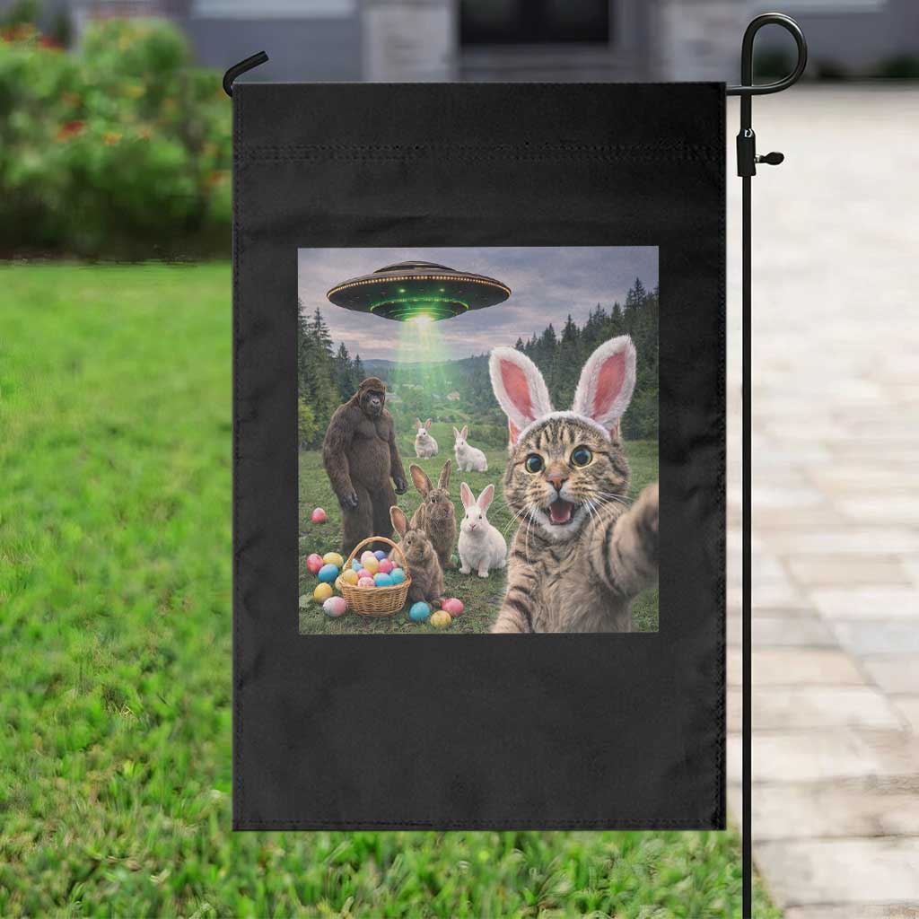 Funny Easter Day Garden Flag Cat Selfie With Bunny Bigfoot UFO Bunny Egg