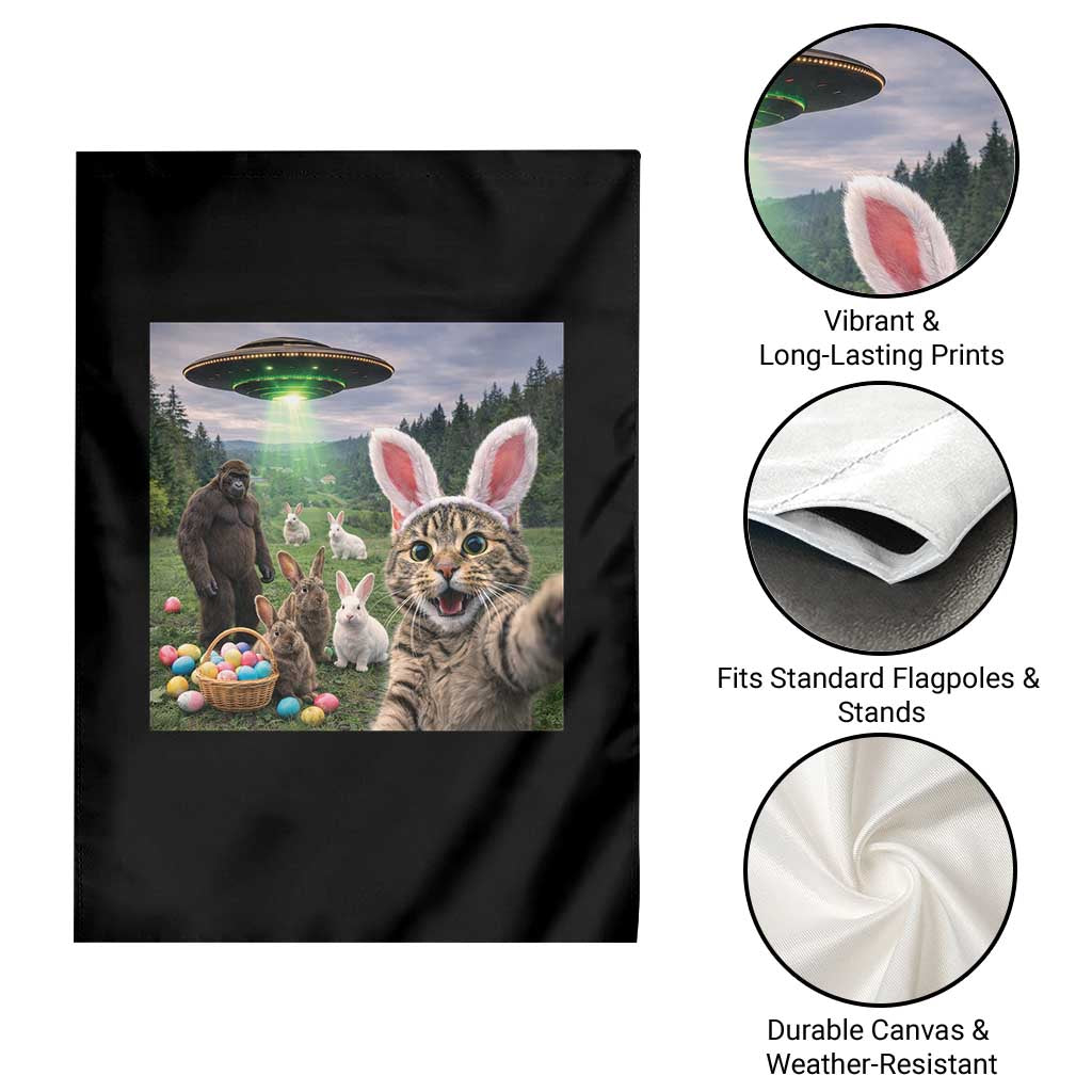 Funny Easter Day Garden Flag Cat Selfie With Bunny Bigfoot UFO Bunny Egg