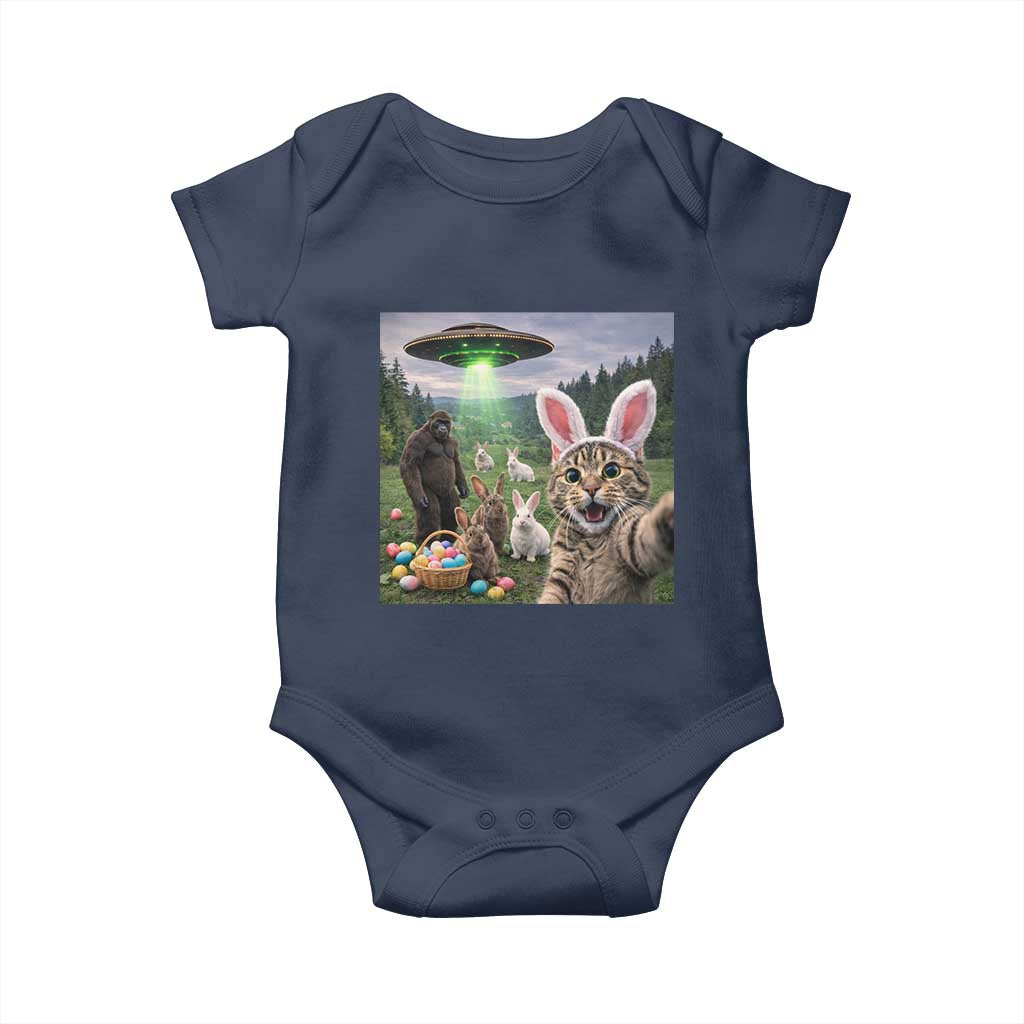 Funny Easter Day Baby Onesie Cat Selfie With Bunny Bigfoot UFO Bunny Egg